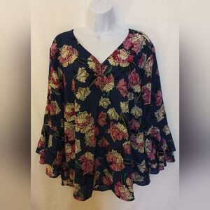 Liz Claiborne Floral Navy Pink V-Neck Long Sleeve Flowy Women’s Blouse Size XL